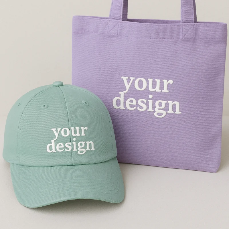 Mintfarbene Kappe und lilafarbene Stofftasche mit der Aufschrift „your design“ als Muster für individuelle Stickerei.