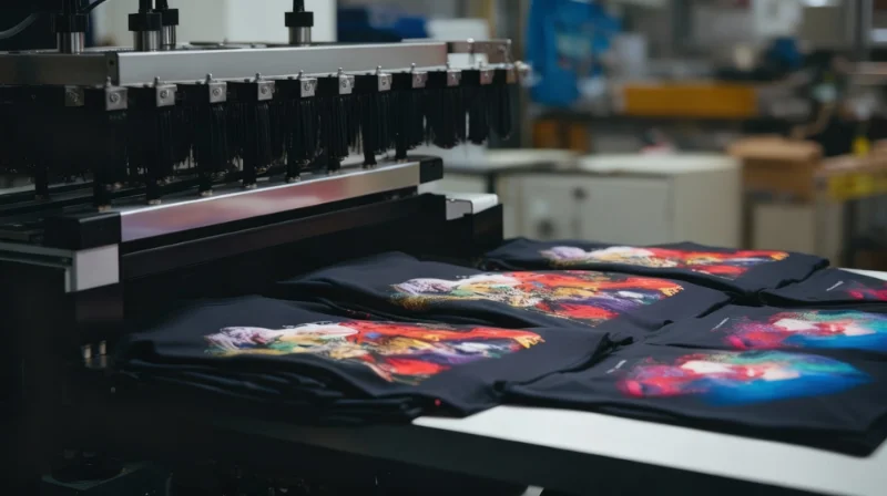 Direktdruckmaschine (DTG) bedruckt schwarze Shirts mit farbintensiven Grafiken in Serie.