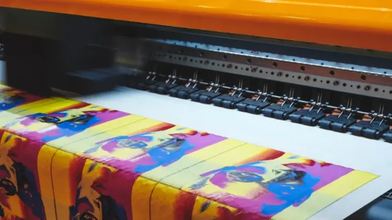 Großformat‑Druckmaschine produziert farbenfrohe Motive für den Sublimationsdruck auf Textilien.